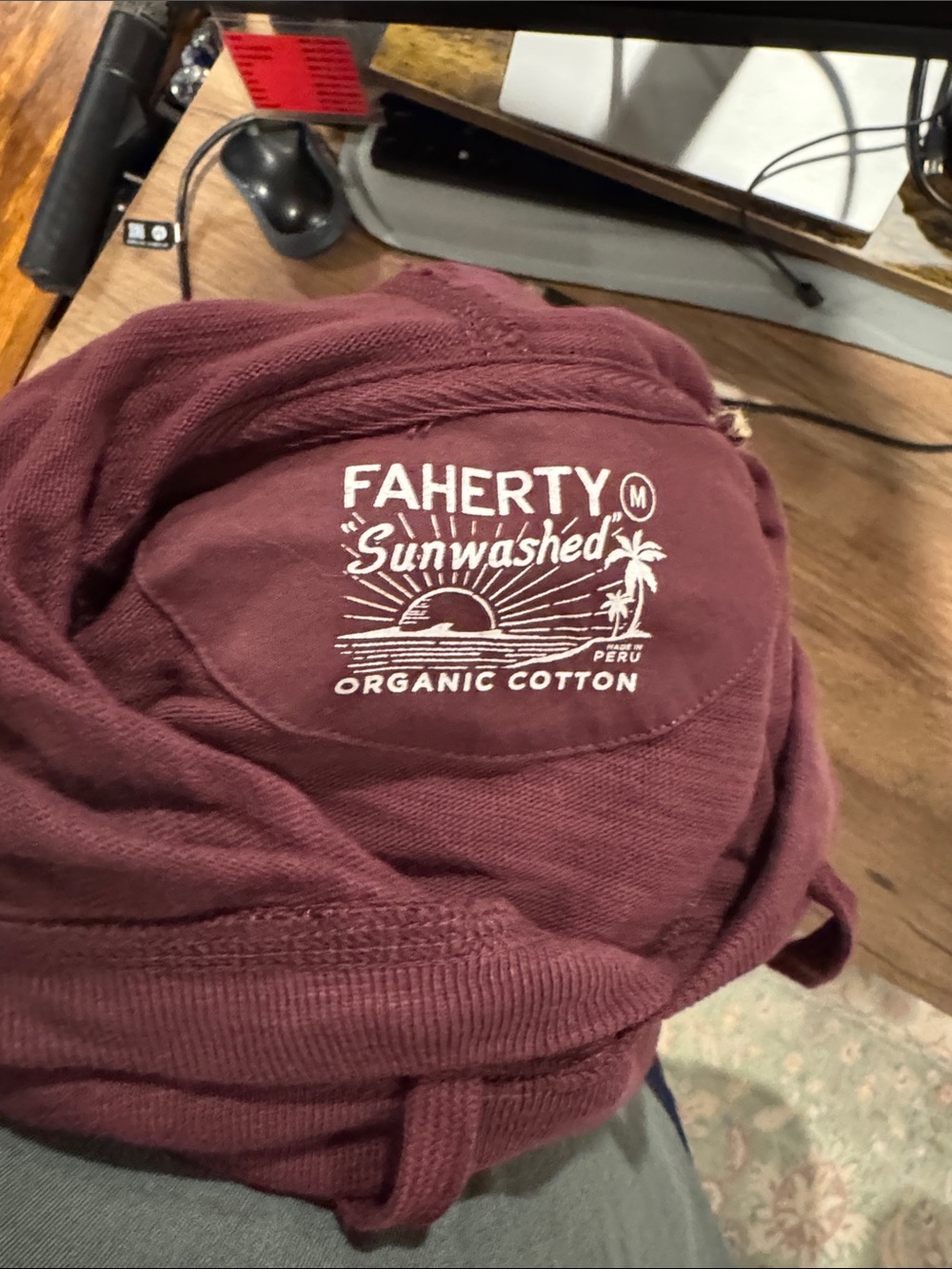 Men's Faherty Sunwashed Slub Hoodie M Mahogany - Picture 4 of 6